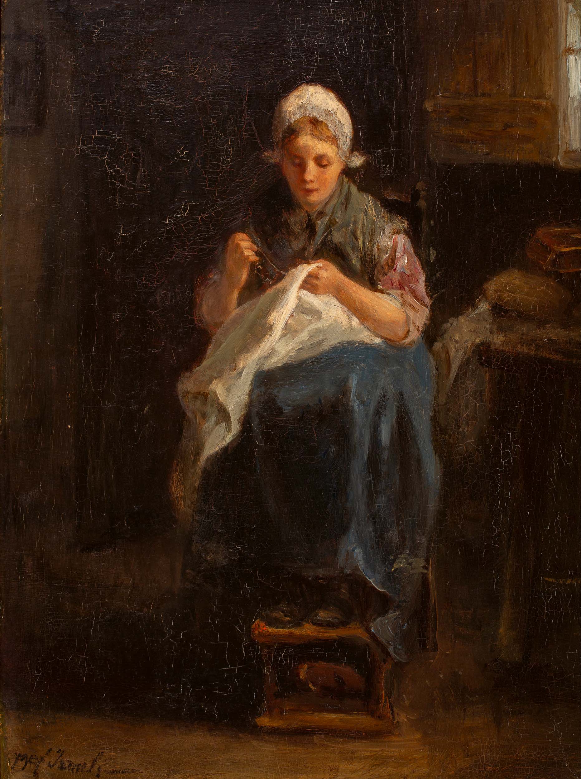 A peasant girl sewing